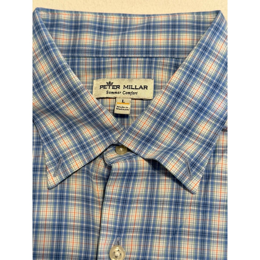 Peter Millar Summer Comfort Mens Large Blue Orange Plaid Performance Shirt L/S - Picture 2 of 7